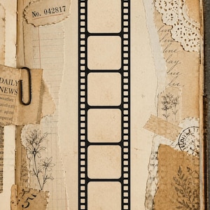 May include: A vintage scrapbook page with torn paper, floral illustrations, and a black film strip. The page includes a paper clip, a stamp, and the text "DAILY NEWS". The film strip has six rectangular frames.