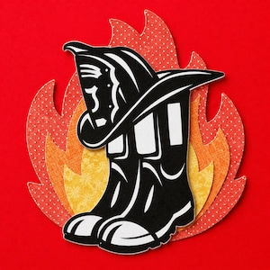 May include: A black and white illustration of a firefighter's helmet and boots, set against a backdrop of stylized flames in red, orange, and yellow. The boots have white soles and the helmet is detailed with facial features.