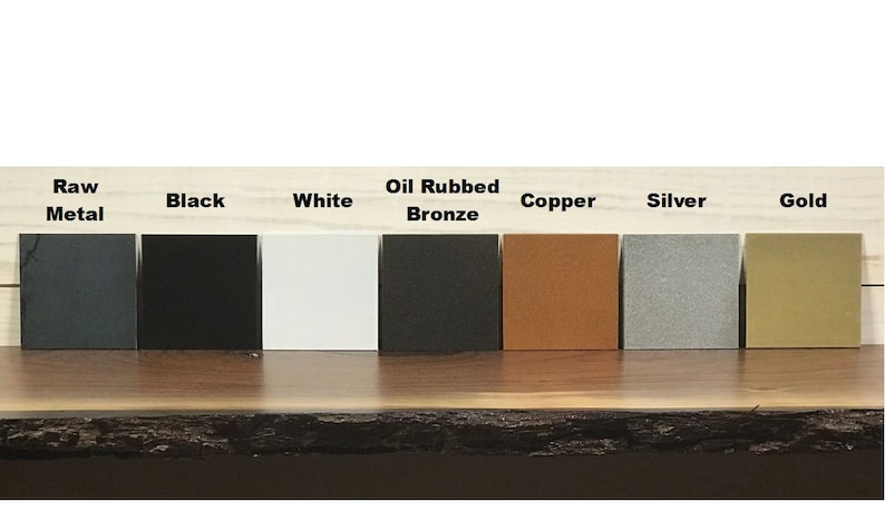 Eight metal paint swatches in various colors including raw metal, black, white, oil rubbed bronze, copper, silver, and gold.