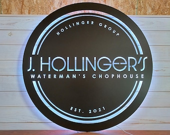 Personalized LED Restaurant Sign: Backlit Metal Logo for Dining Room