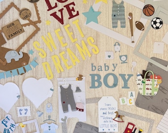 Boy Scrapbook Supplies 60 item kit Ephemera Tags Titles Frames Baby clothing die cuts milestones book