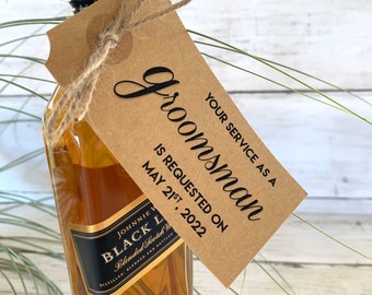 Groomsmen Proposal Wedding Tags Bachelor Party Suit Up Mens Liquor Bottle hang tags