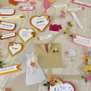 Tropical Sunset Wedding Supplies Scrapbook  Die Cuts Handmade Tags Frames Titles 65 item kit Sunset colors pink orange yellow