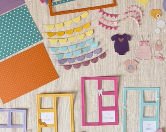 Girl Scrapbook Supplies, Handmade die cut kit Baby’s first steps, haircut, tooth, bath, keepsake book layout title accessories 40 + items
