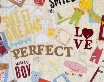 Boy Scrapbook Supplies 95 item kit Ephemera Tags Titles Frames Baby clothing die cuts milestones book