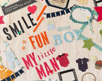 Boy Scrapbook Supplies 60 item kit Ephemera Tags Titles Frames Baby clothing die cuts milestones book