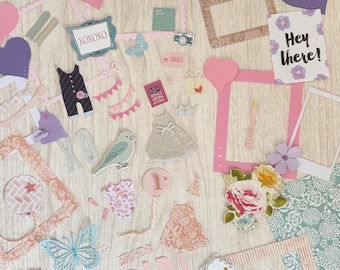 Girl Scrapbook Supplies 60 item kit Ephemera Tags Titles Frames Baby clothing die cuts