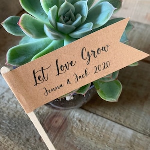 Wedding Thank You Favors, Succulent Plant Tag, Let Love Grow, Personalized Flag Food Pick,  Bridal Brunch Baby Shower