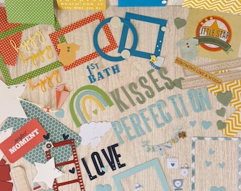 Boy Scrapbook Supplies 65 item kit Ephemera Tags Titles Frames Baby clothing die cuts milestones book