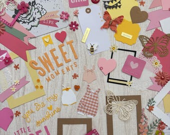 Girl Scrapbook Supplies 80 item kit Baby, Toddler Embellishments Ephemera Tags Titles Frames Baby clothing die cuts
