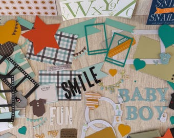 Boy Scrapbook Supplies 75 item kit Handmade Ephemera Tags Titles Frames Baby clothing die cuts Photo Album embellishments