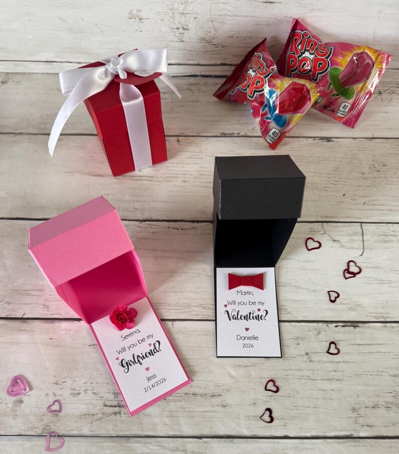 box colors - red, black, pink. add flower or bow tie