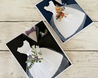 Wedding card, brides dress / black tuxedo with custom floral boquete, congrats happy couple