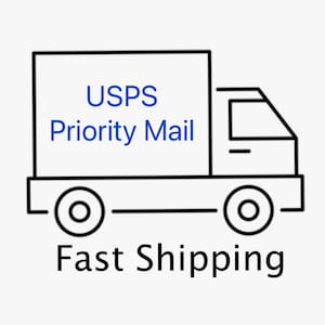 May include: Line drawing of a delivery truck with a large rectangular box. The box has the text "USPS Priority Mail" in blue. Below the truck is the text "Fast Shipping" in black.