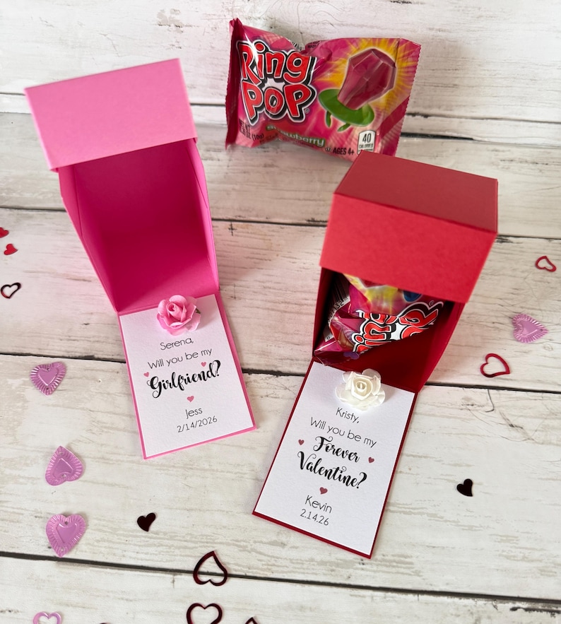 Will you be my girlfriend/ boyfriend gift. Ring pop box. be my valentine candy gift in handmade box with ring pop. personalized with message.