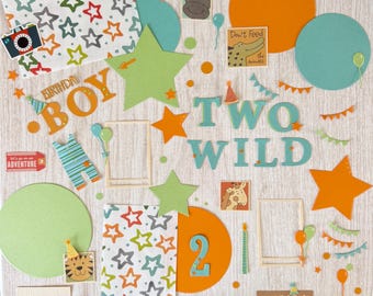 TWO Wild Birthday Boy Scrapbook Supplies, Handmade die cut kit Animal Page layout title accessories 35 + items