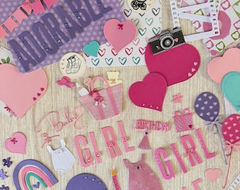 Girl Scrapbook Supplies Pink 80 item kit Ephemera Tags Titles Frames Baby clothing die cuts milestone photo book tags