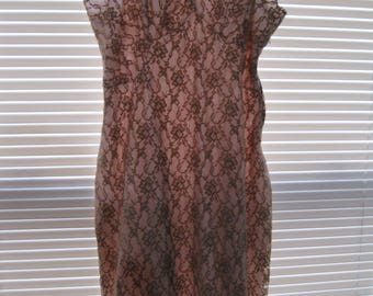 50's Full Brown & Pink Lace Covered Slip Dress - Size 36