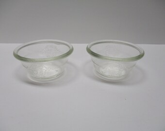 Two Clear Glasbake Embossed Poppy Shield Custard Cups