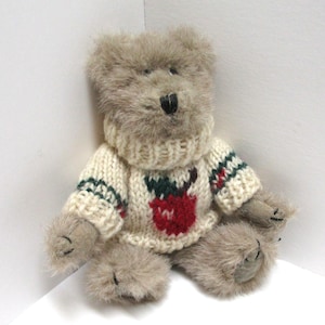 Puede incluir: Un oso de peluche con pelaje marrón claro que lleva un suéter color crema. El suéter presenta un diseño de manzana roja con hojas y rayas verdes. El oso tiene una nariz negra y está sentado.