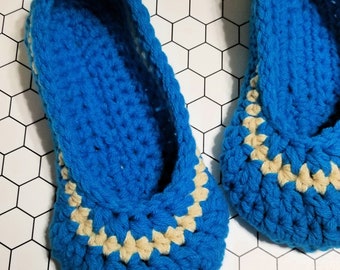 Crochet Slippers: Blue Knitted Slipper Socks, Women's Size 9-10