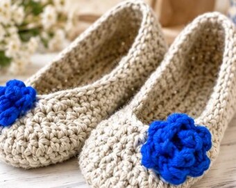 Crochet Slippers for Women, Handmade House Shoes, Beige Slippers with Blue Flowers, Cozy Cottagecore Slippers, Gift for Her size 9 - 10
