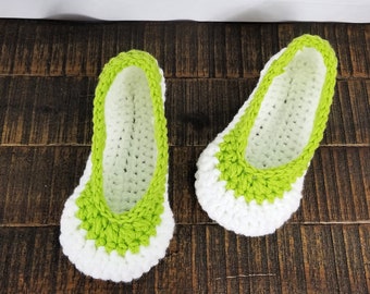 Crochet Ballet Slippers: Spring Green House Shoes, Women's Size 7-8