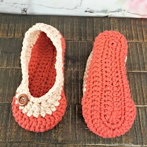 Peach crochet slippers with button - READY TO SHIP size 7-8 womens slipper