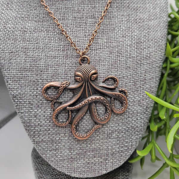 Large copper octopus necklace | kraken pendant | steampunk | sea life | tentacles | nautical jewelry | sea monster