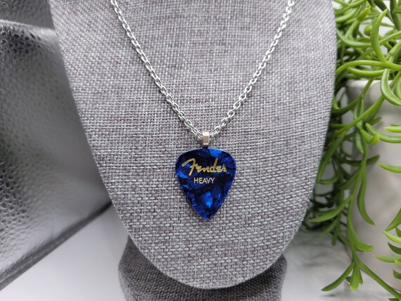 Blue Fender guitar pick cord necklace with guitar charm pendant 