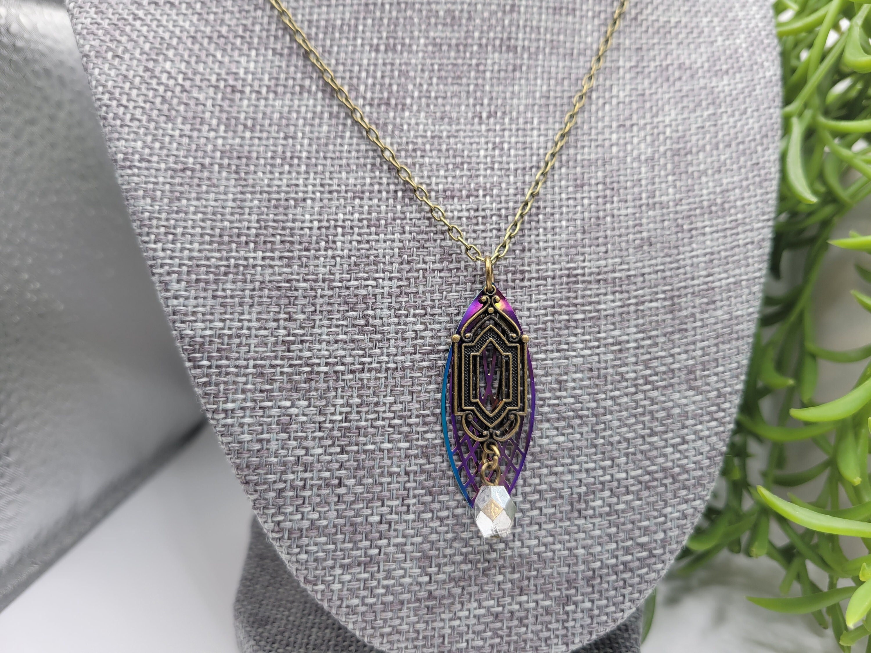 Rainbow filigree and bronze connector necklace | silver bead | ornate | intracate | boho style | stainless steel pendant | purple | blue