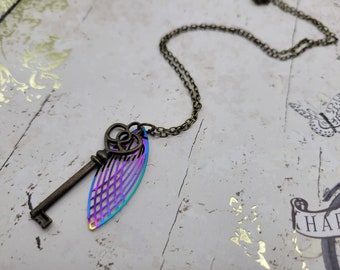 Bronze key and rainbow filigree necklace | brass skeleton key | boho jewelry | steampunk | simple | unique | key to my heart