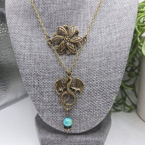 Bronze dragon necklace | filigree flower connector | aqua bead | mythical | enchanting | magical | dangle | boho | gothic | fantasy pendant