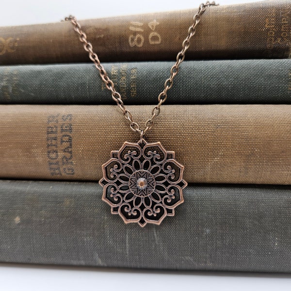 Copper mandala pendant necklace | filigree flower | ornate pendant | healing | meditation | spiritual journey | boho style