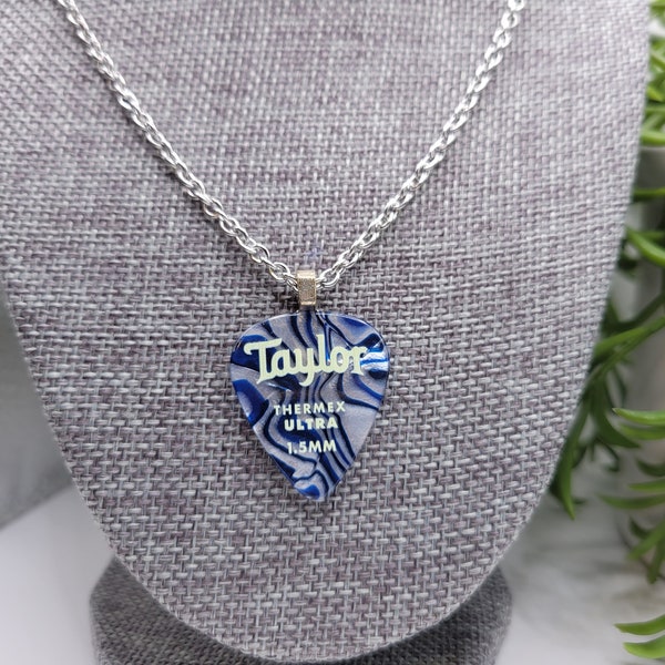 Blue and silver swirled Taylor guitar pick necklace | pendant | music lover | rock and roll | heavy metal | punk
