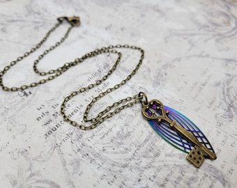 Bronze key and rainbow filigree necklace | brass skeleton key | boho jewelry | steampunk | simple | unique | key to my heart