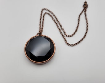 Round black gemstone necklace | reversable pendant | copper base | onyx crystal | floral side | disc jewelry | boho stlye | healing drop