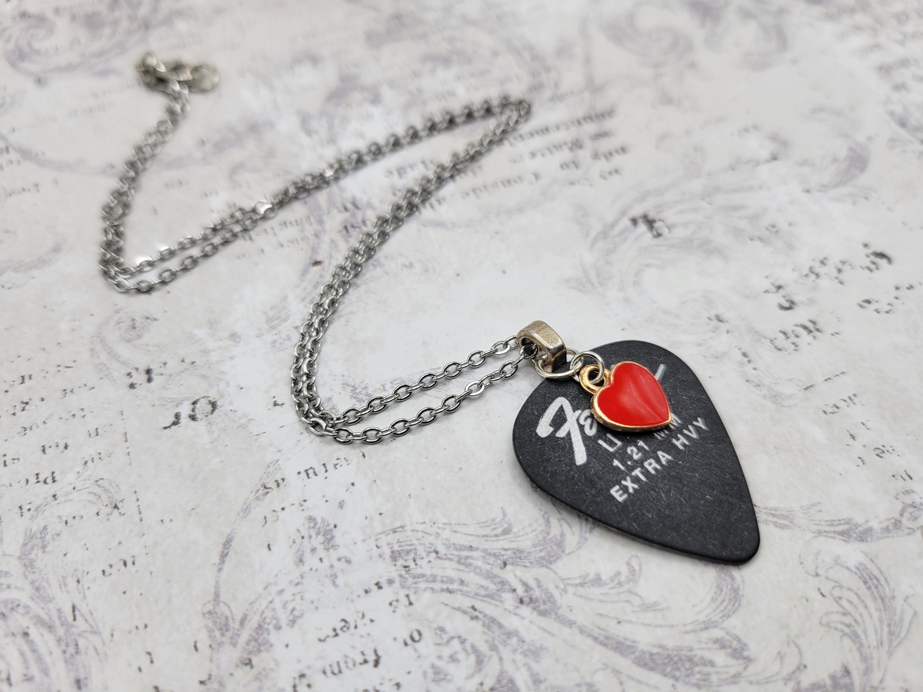 Black Guitar Pick Necklace | Red and Gold Heart Charm | Rock and