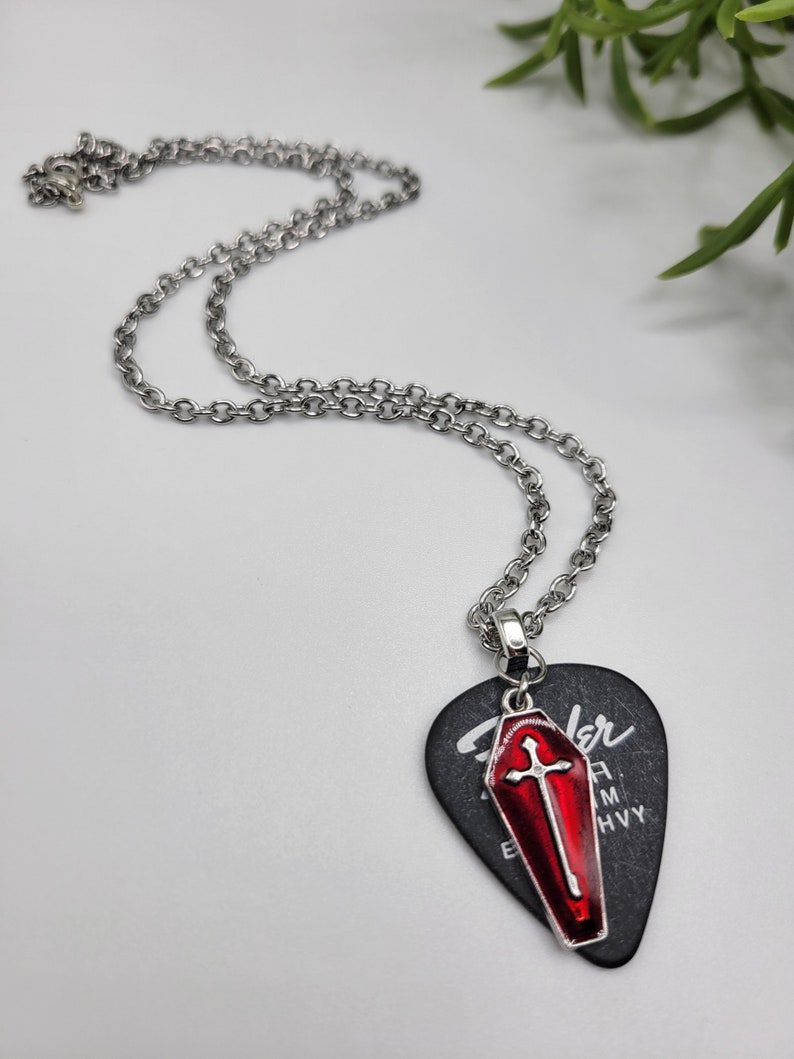 Black Fender Guitar Pick Necklace Red and Silver Coffin Etsy