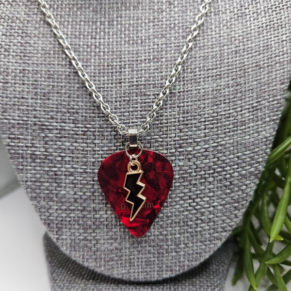 Dark red guitar pick necklace with black lightening bolt | rock and roll | heavy metal | punk rock | music lover | hard rock | heavy metal
