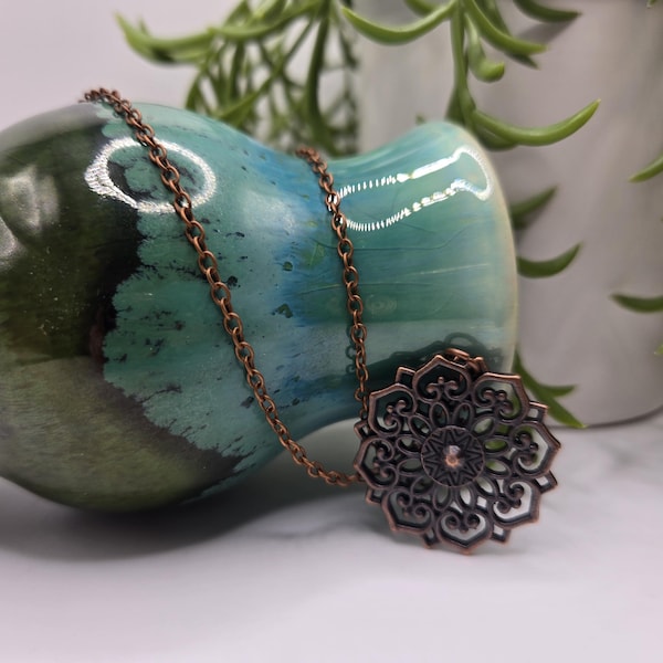 Copper or bronze mandala pendant necklace | filigree flower | ornate pendant | healing | meditation | spiritual journey | boho style