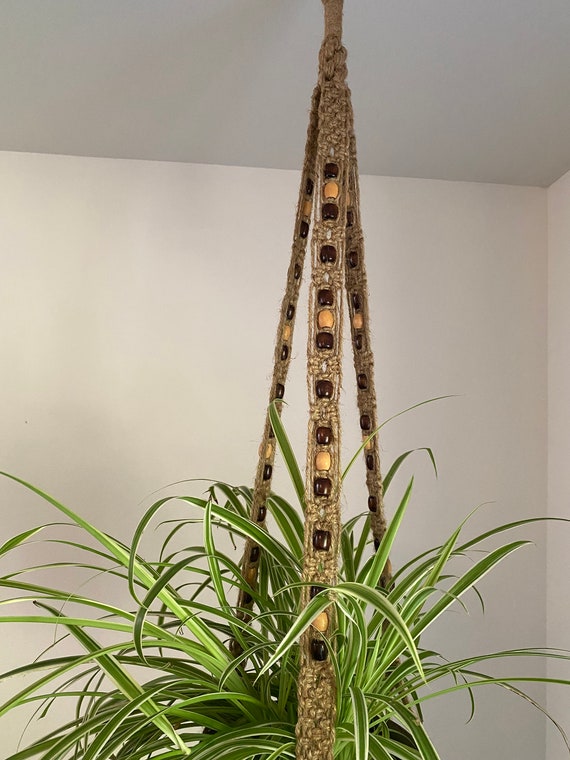 Large, Extra Long Macrame Plant Hanger of Natural Jute and Wooden