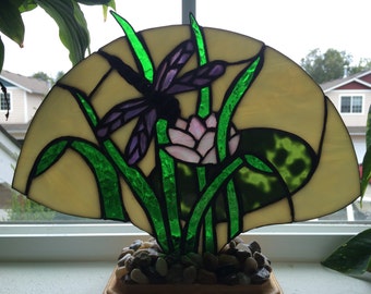 Stained Glass Dragonfly on Lotus Blossom Fan Lamp, Nightlight