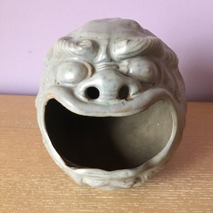 Unique Vintage Japanese Foo Dog Shishi Big Mouth Face Head Art Studio Pottery Bowl Vase Antique Asian Decor