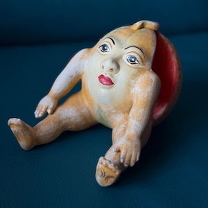 Vintage Mexico Mexican Folk Art Studio Art Pottery Melon Cantoloupe Sculpture Figurine Fruit Head  Woman's Face C. EL Mex Anthropomorphic