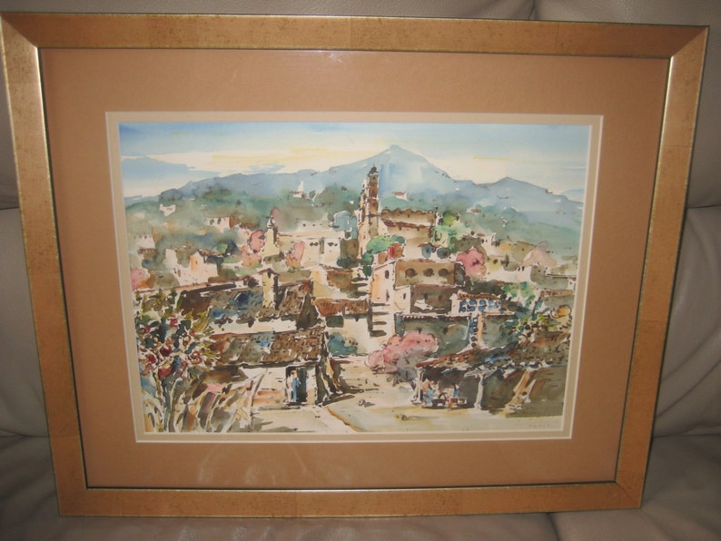 Jaime Oates Listed Mexican Taxco Artist Watercolor Painting Landscape Framed Latin American Wall Decor Cityscape image 3