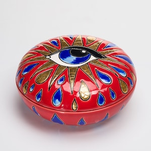 New In Box EMAUX DE LONGWY Art Pottery Ceramic Porcelain Sparkling Mirettes Large Box France Trinket Home Decor Collectible Red Gold