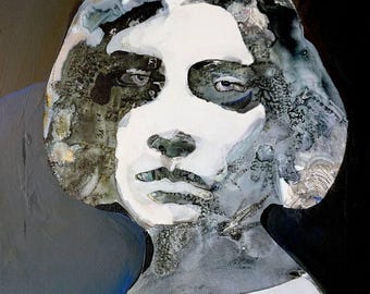 May include: Abstract portrait painting featuring a face with white and gray tones. The face has a serene expression, with dark eyes and a defined nose and lips. The background is a mix of black, gray, and blue.
