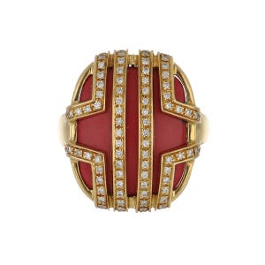 Vintage Di Modolo Italy Favola 18K Yellow Gold, Red Coral and Pave Diamonds Cocktail Statement Ring Size 7.5