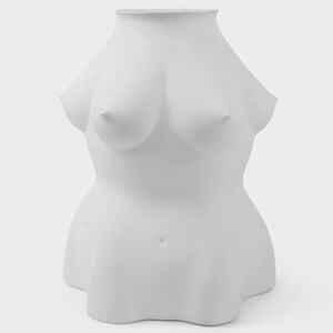 May include: A matte white ceramic vase shaped like a human torso. The vessel features a wide, open neck at the top, defined breast forms, and a curved, rounded midsection that tapers slightly before widening at the base. The surface is smooth and solid.